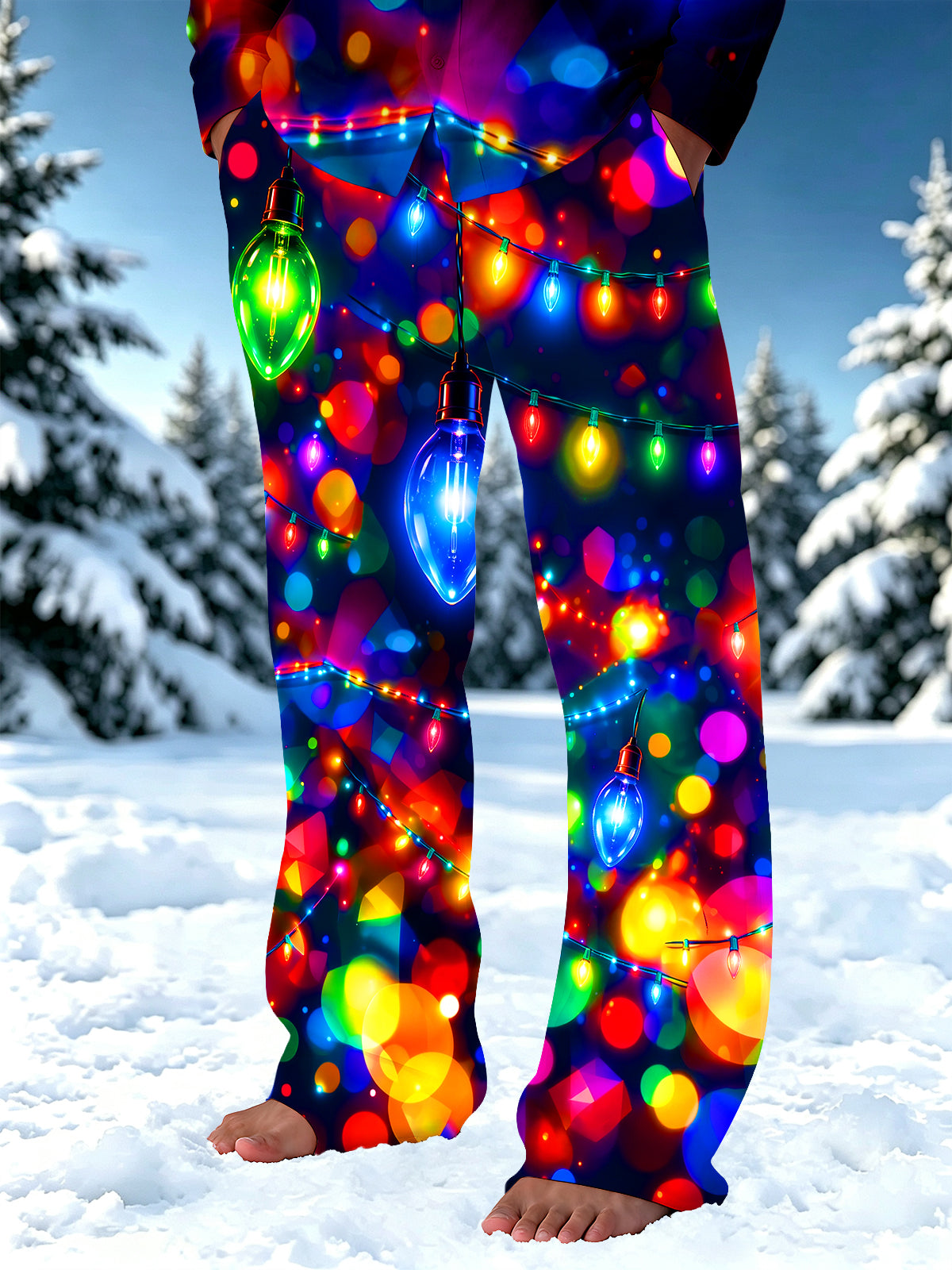 Oceanlyte Men's Printed Colorful Christmas Light Bulbs And Bokeh Print Pants