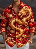 Oceanlyte Men's Long Sleeve Shirt - Chinese New Year Golden Dragon And Chinese Lanterns Print with Chest Pocket