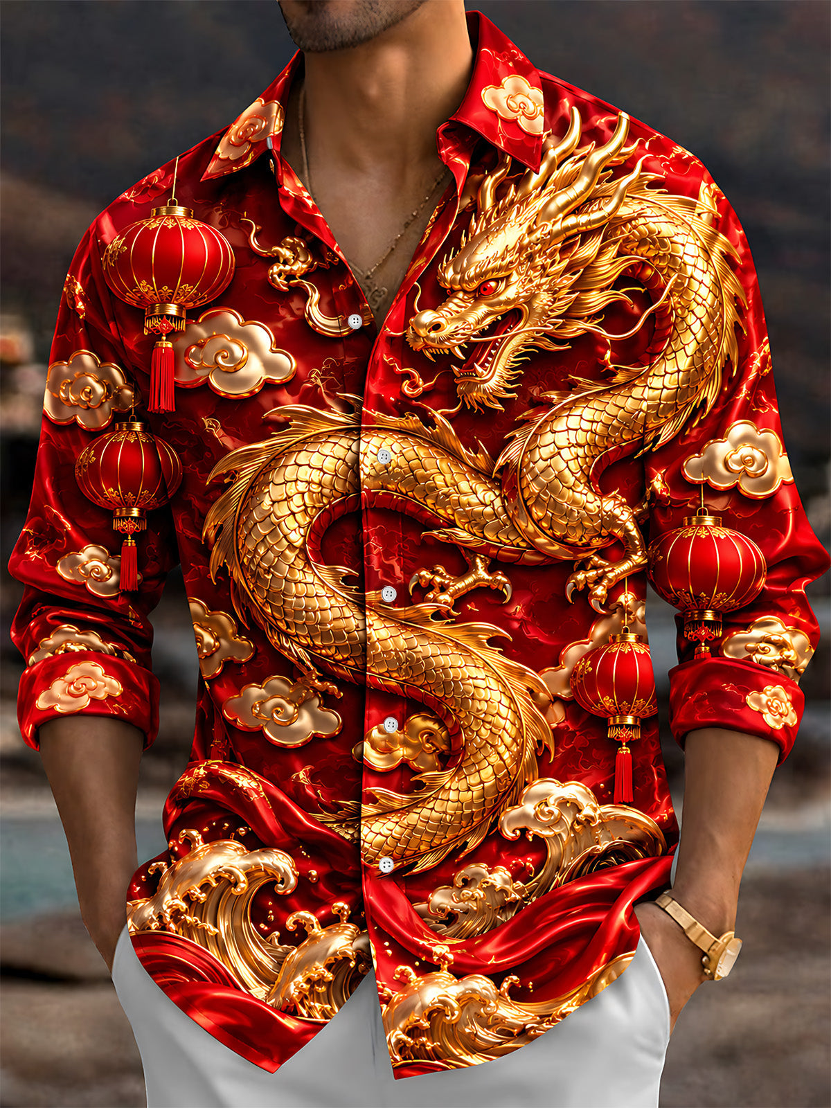 Oceanlyte Men's Long Sleeve Shirt - Chinese New Year Golden Dragon And Chinese Lanterns Print with Chest Pocket
