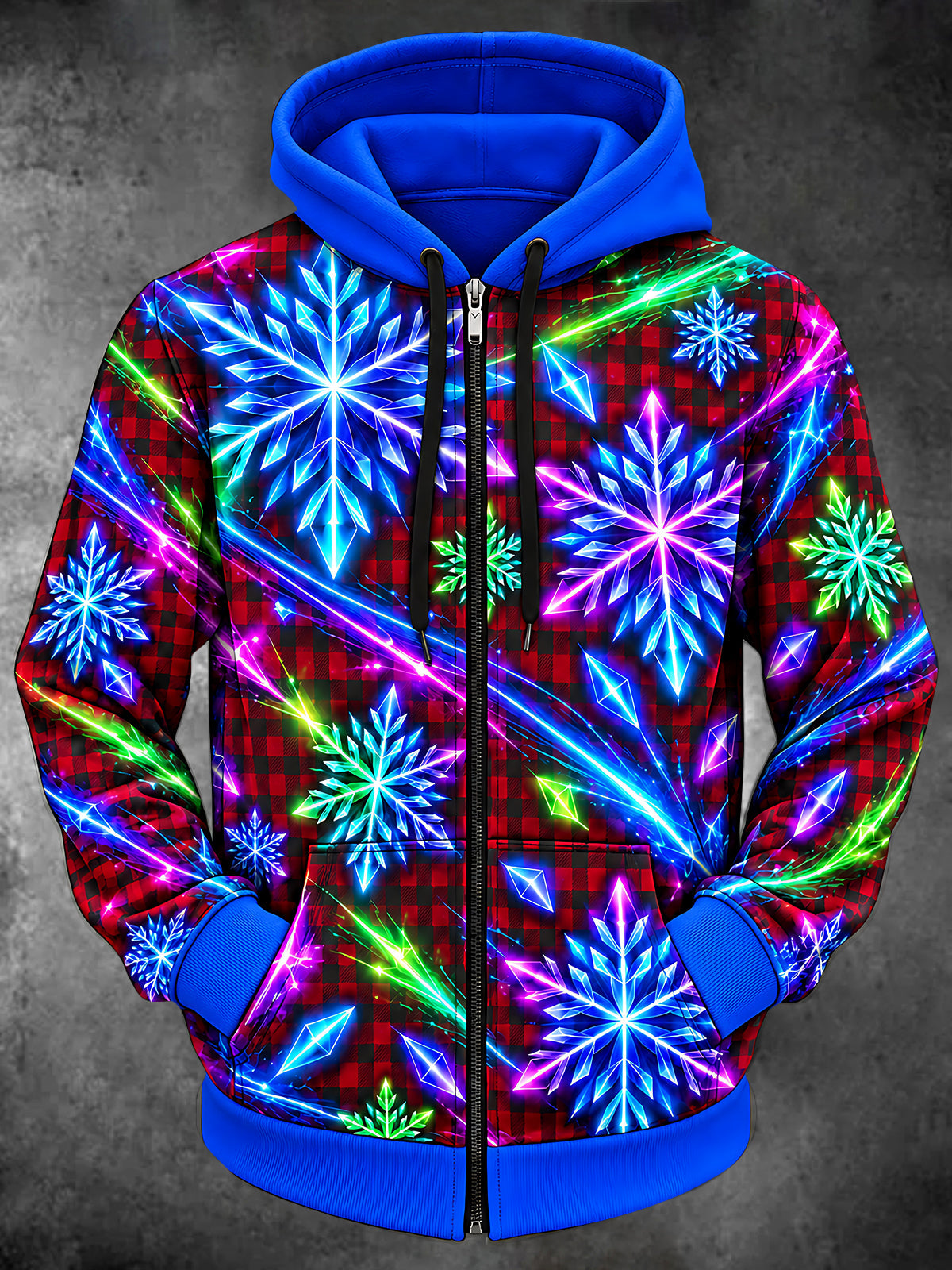 Oceanlyte Men's Long Sleeve Zip-Up Hoodie - Neon Snowflakes And Geometric Crystals Print