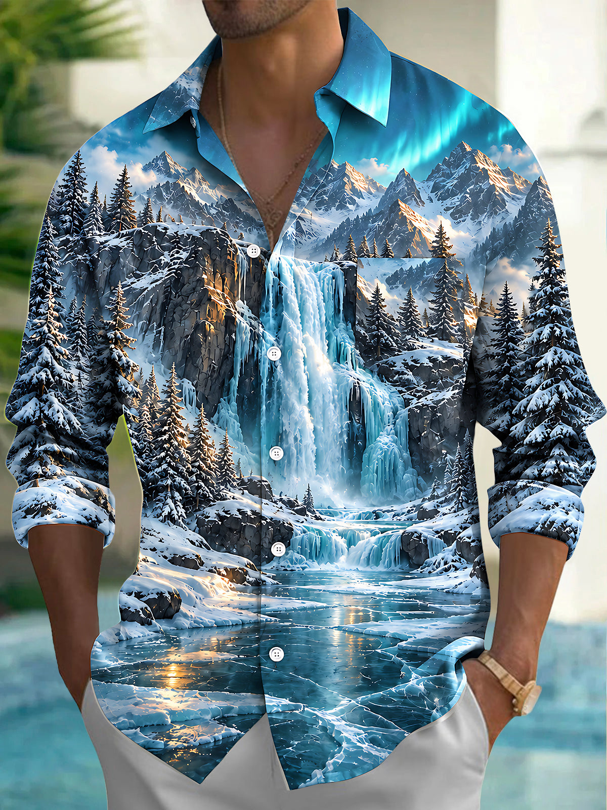 Oceanlyte Men's Long Sleeve Shirt - Snowy Mountain Landscape With Ice Waterfall Print with Chest Pocket