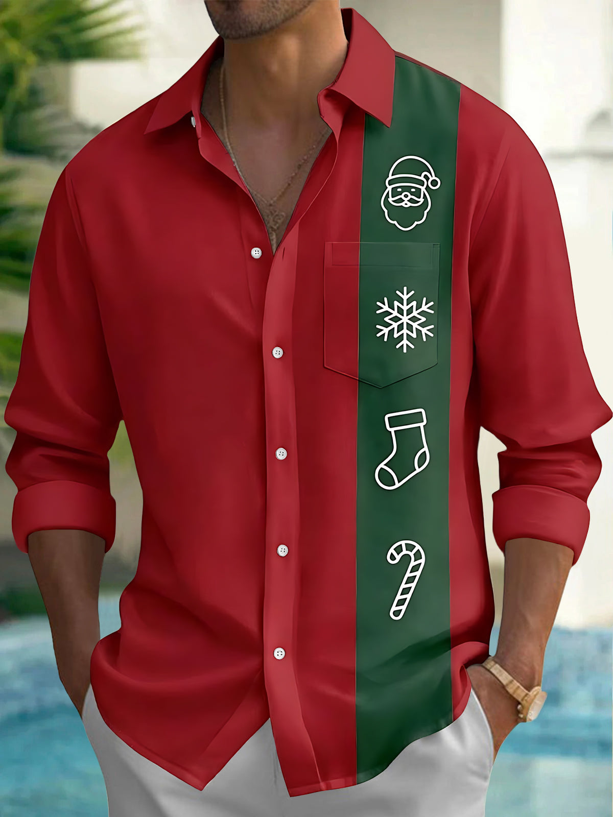 Oceanlyte Men's Printed Santa Claus Face Print Long Sleeve Shirt with Chest Pocket