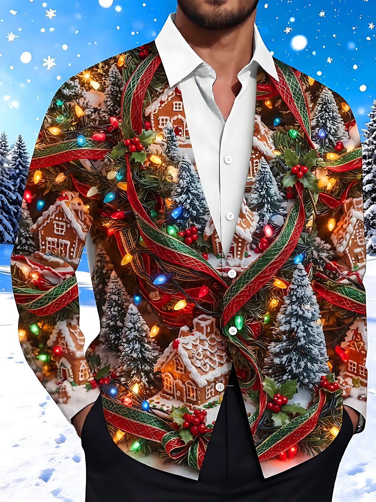 Oceanlyte Men's Gingerbread Houses And Christmas Trees Print Long Sleeve Shirt with Chest Pocket