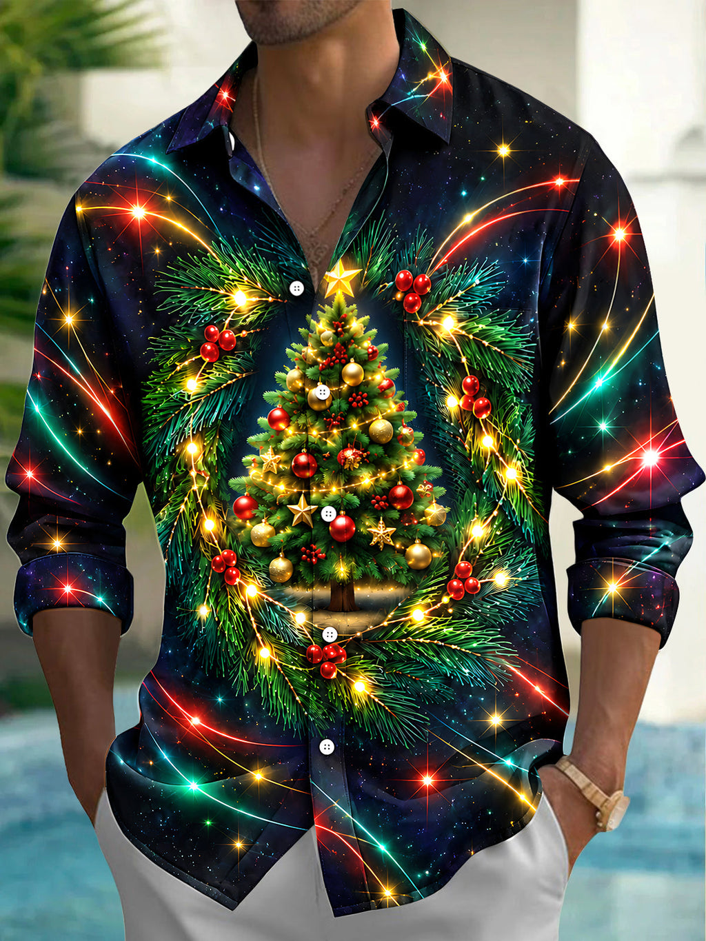 Oceanlyte Men's Long Sleeve Shirt - Christmas Tree With Ornaments And Pine Branches Print with Chest Pocket