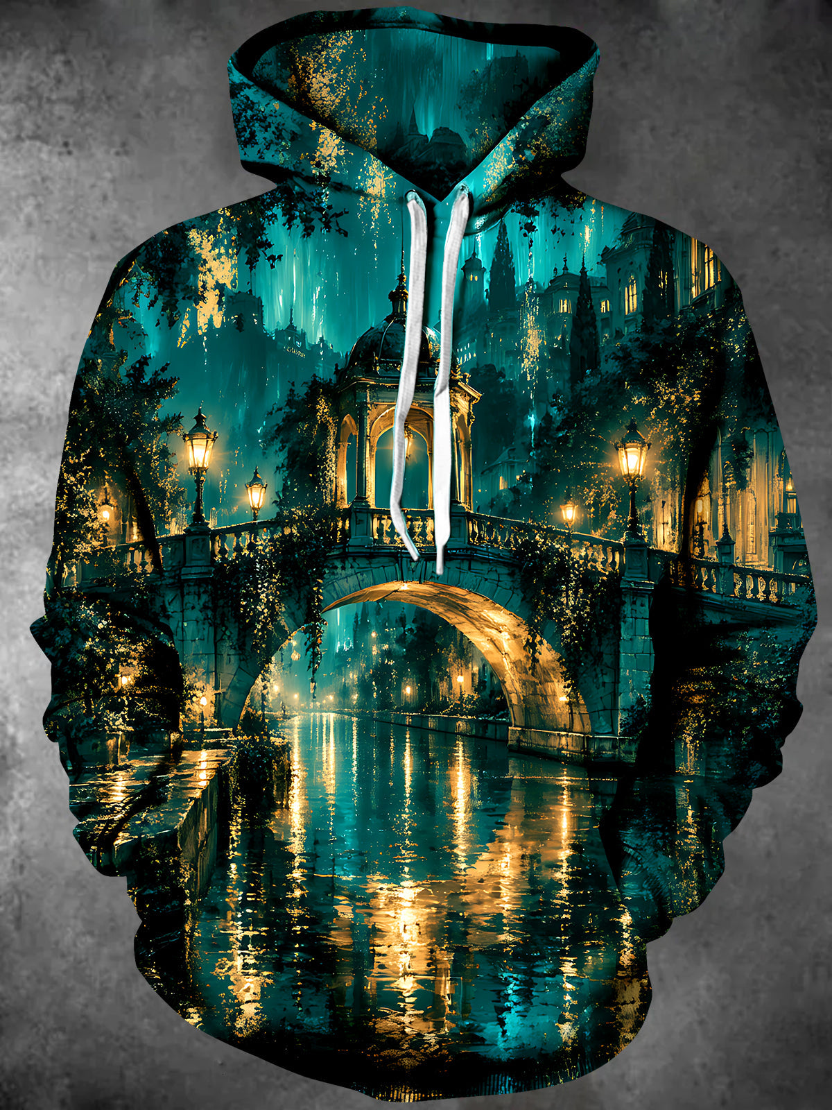 Oceanlyte Men's Long Sleeve Hoodie - Fantasy Cityscape With Bridge And Water Reflections Print