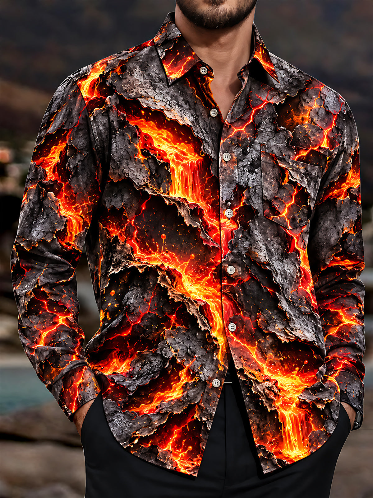 Oceanlyte Men's Graphic Volcanic Lava And Cracked Rock Print Long Sleeve Shirt with Chest Pocket