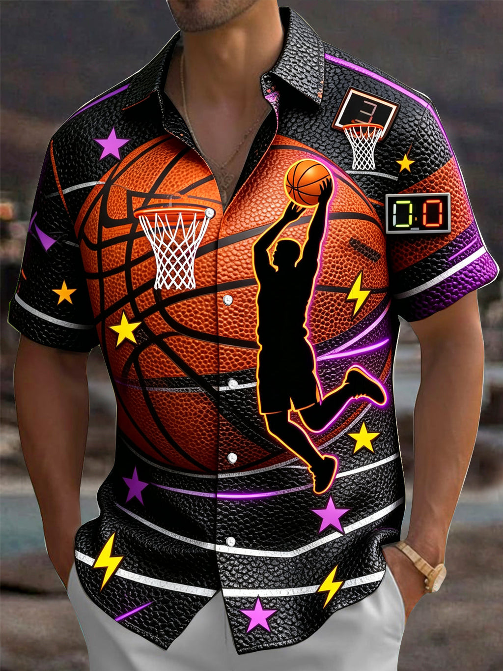 Oceanlyte Men's Basketball Player Silhouette And Hoops Print Short Sleeve Shirt with Chest Pocket