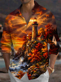 Oceanlyte Men's Autumn Lighthouse Cliff Landscape Print Long Sleeve Shirt with Chest Pocket