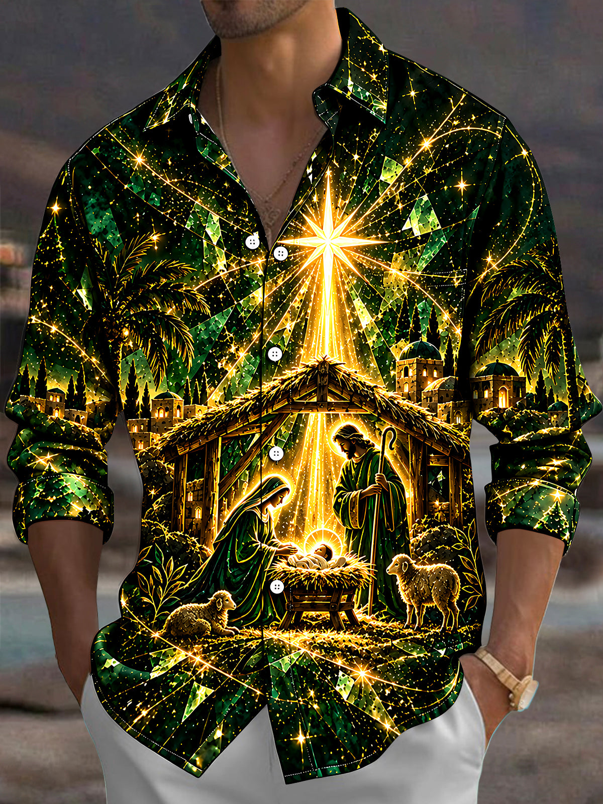 Oceanlyte Men's Long Sleeve Shirt - Nativity Scene With Mary Joseph Baby Jesus And Sheep Print with Chest Pocket