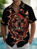 Oceanlyte Men's Short Sleeve Shirt - Black Cat With Red Eyes Bursting Through Fabric Print with Chest Pocket
