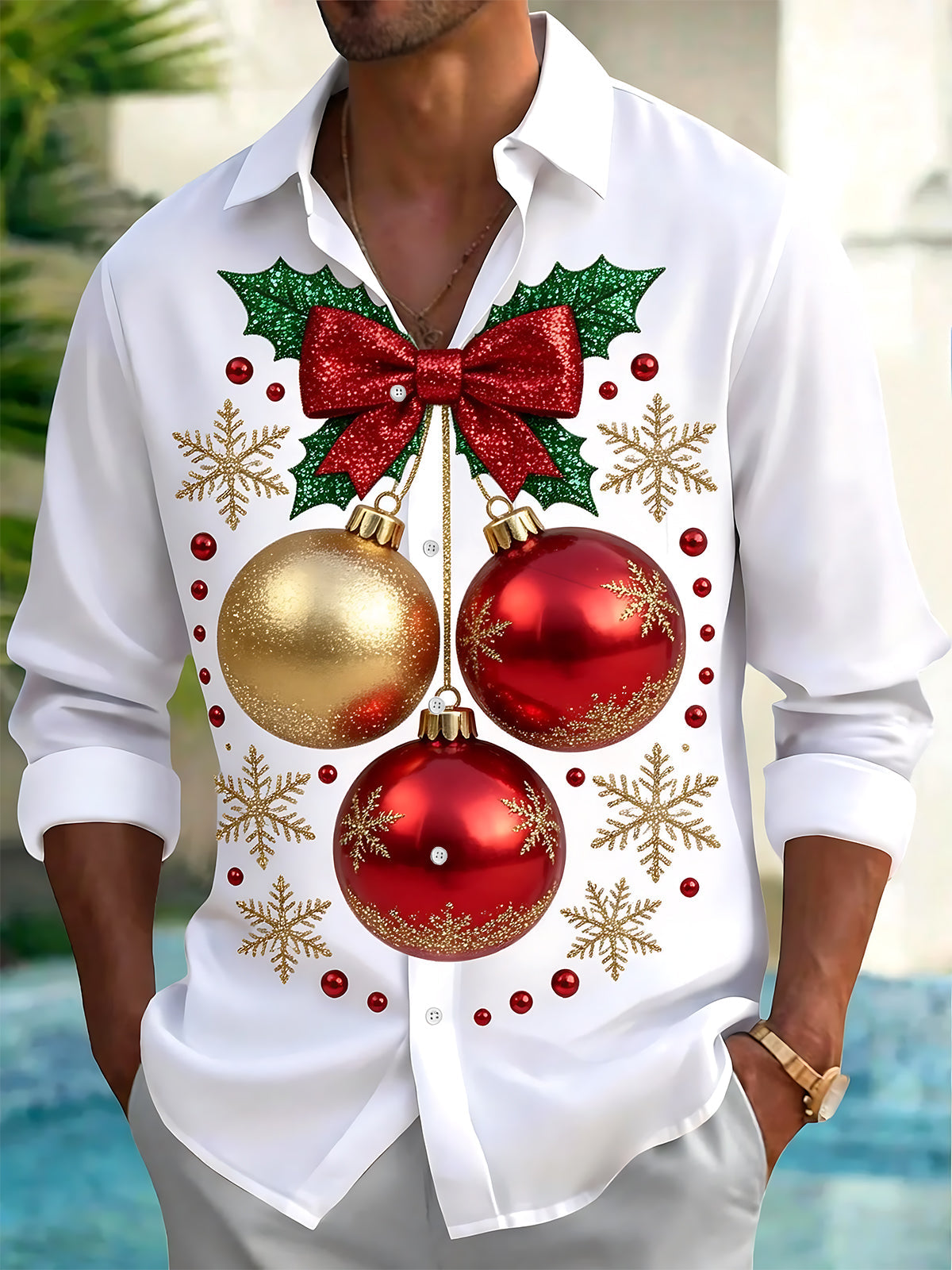 Oceanlyte Men's Christmas Ornaments And Snowflakes Print Long Sleeve Shirt with Chest Pocket