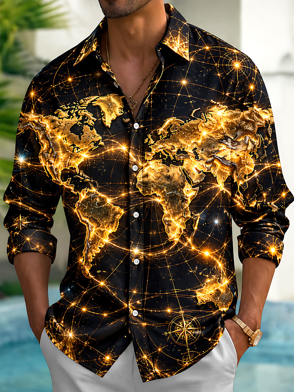 Oceanlyte Men's Long Sleeve Shirt - Golden World Map With Constellation Lines Print with Chest Pocket
