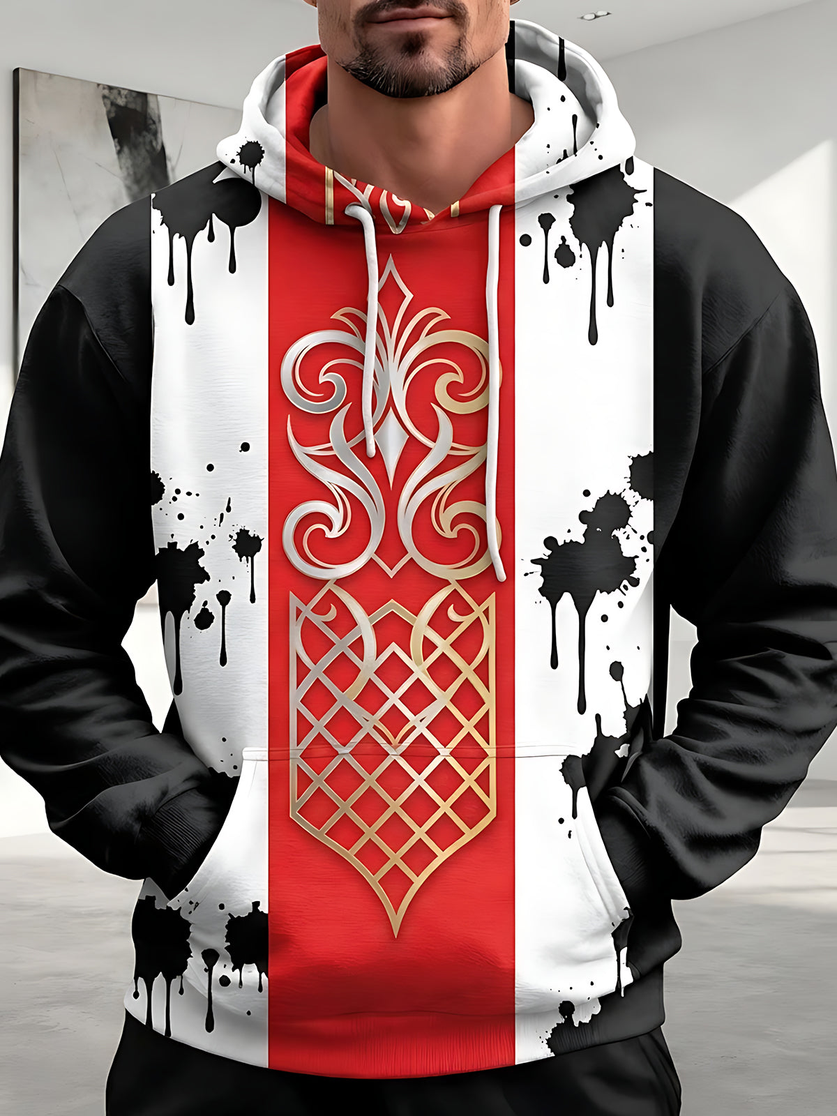 Oceanlyte Men's Graphic Heraldry Splash Ink Print Long Sleeve Hoodie