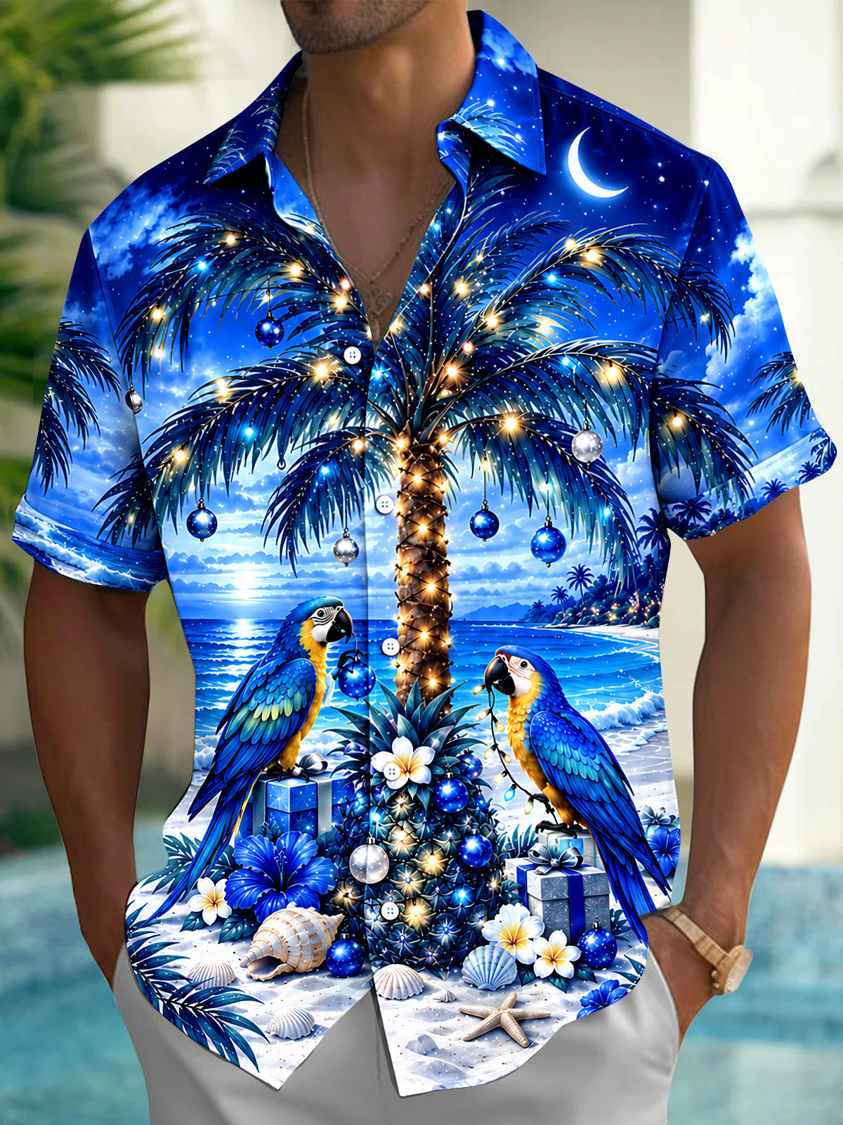 Oceanlyte Men's Christmas Palm Tree And Parrots Print Short Sleeve Shirt with Chest Pocket