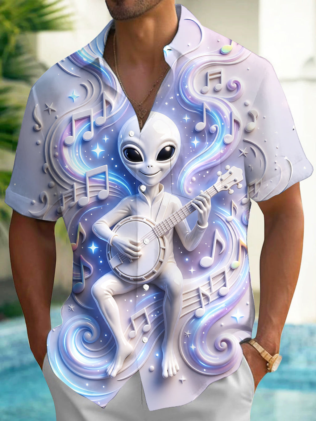 Oceanlyte Men's Graphic Alien Playing Banjo Print Short Sleeve Shirt with Chest Pocket