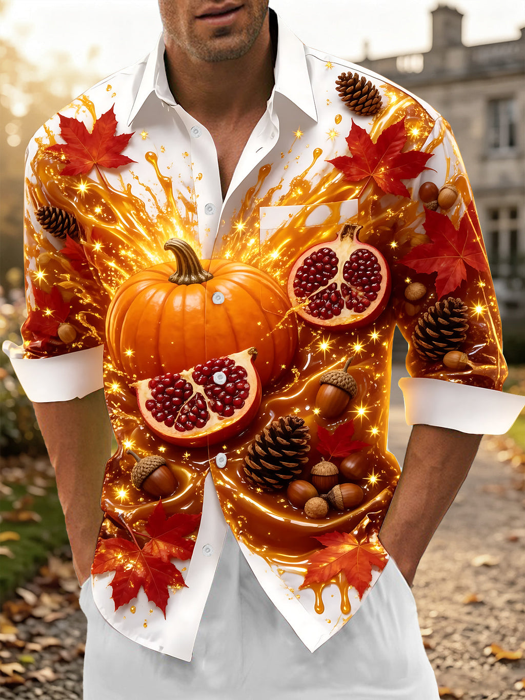 Oceanlyte Men's Printed Autumn Pumpkin And Pomegranate Print Long Sleeve Shirt with Chest Pocket