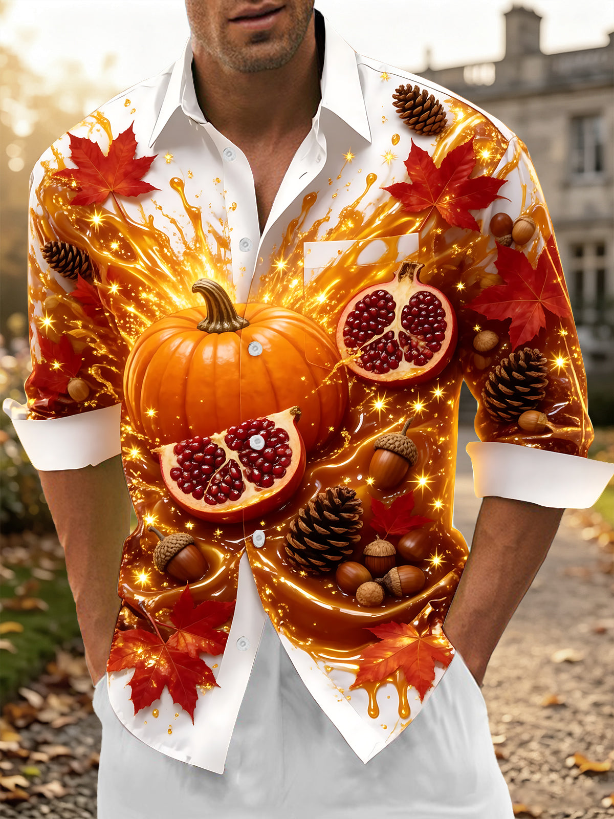 Oceanlyte Men's Printed Autumn Pumpkin And Pomegranate Print Long Sleeve Shirt with Chest Pocket