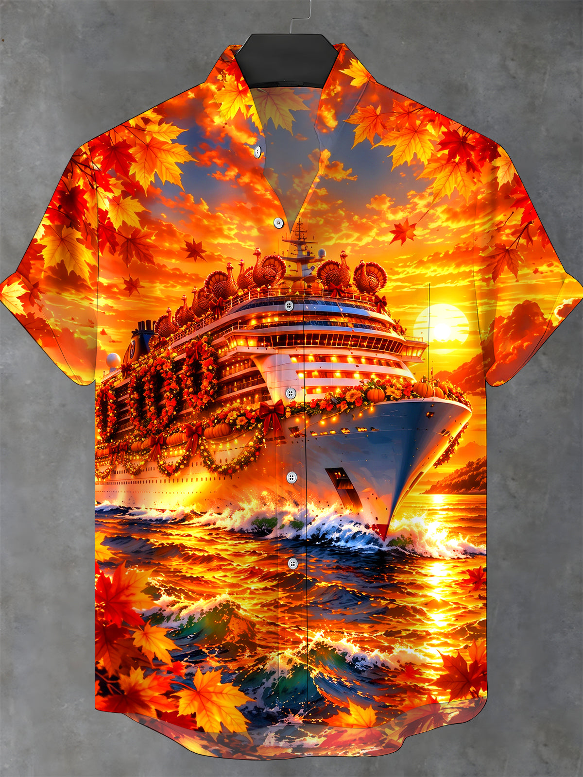 Oceanlyte Men's Short Sleeve Stand Collar Shirt - Thanksgiving Cruise Ship With Turkeys And Autumn Leaves Print with Chest Pocket