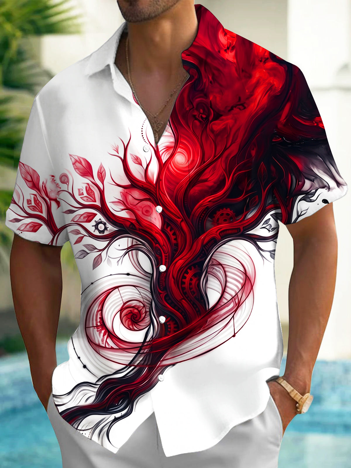 Oceanlyte Men's Short Sleeve Shirt - Abstract Fluid Tree Of Life With Gears And Swirls Print with Chest Pocket