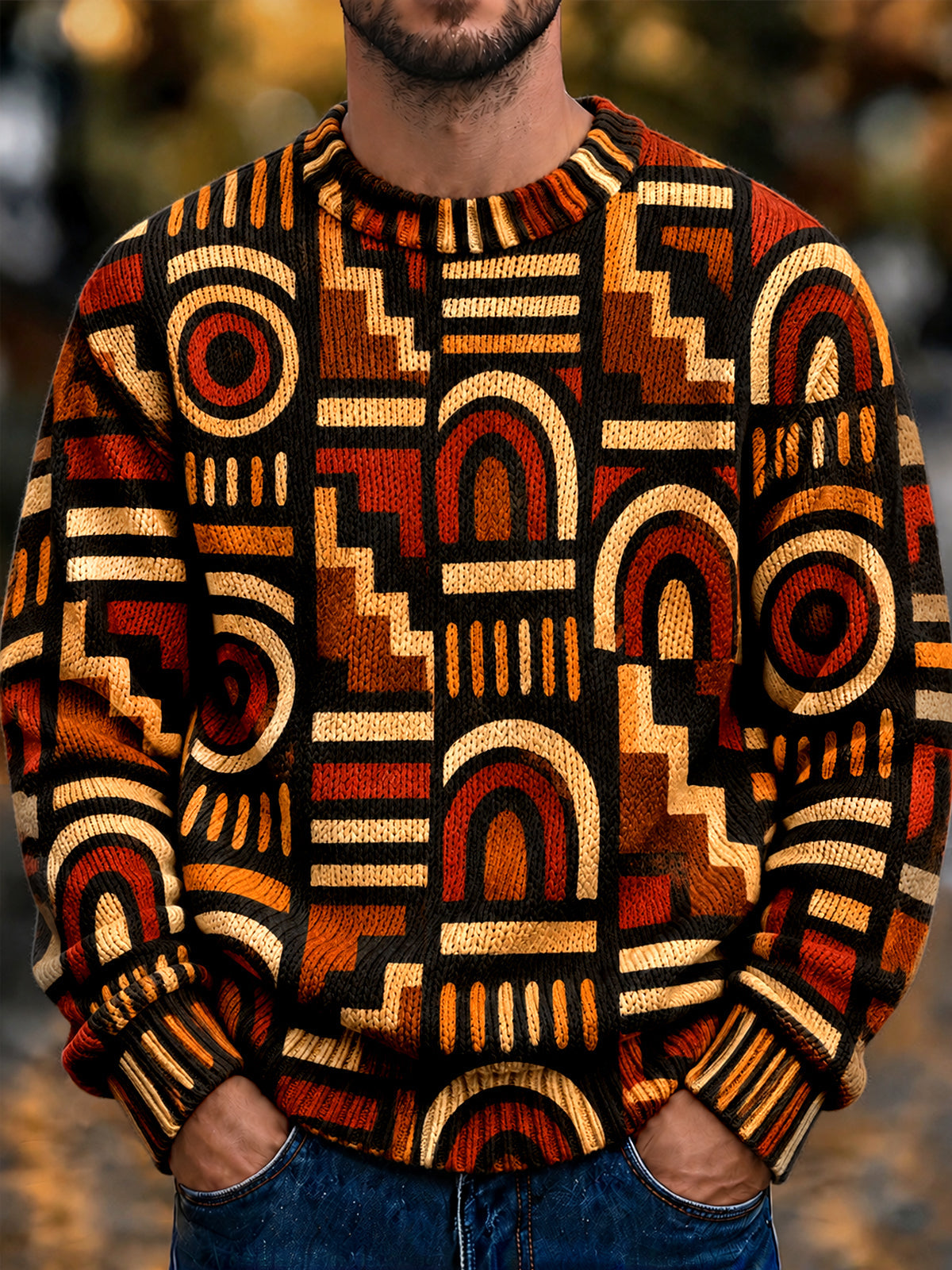 Oceanlyte Men's Long Sleeve Crew Neck Sweater - Vintage Geometric Arch And Circle Patterns Print