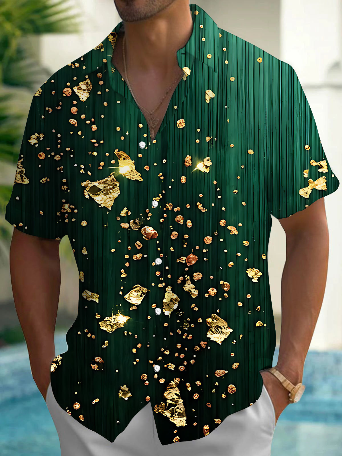 Oceanlyte Men's Hawaiian Gold Foil Crystals And Dots Print Short Sleeve Shirt with Chest Pocket