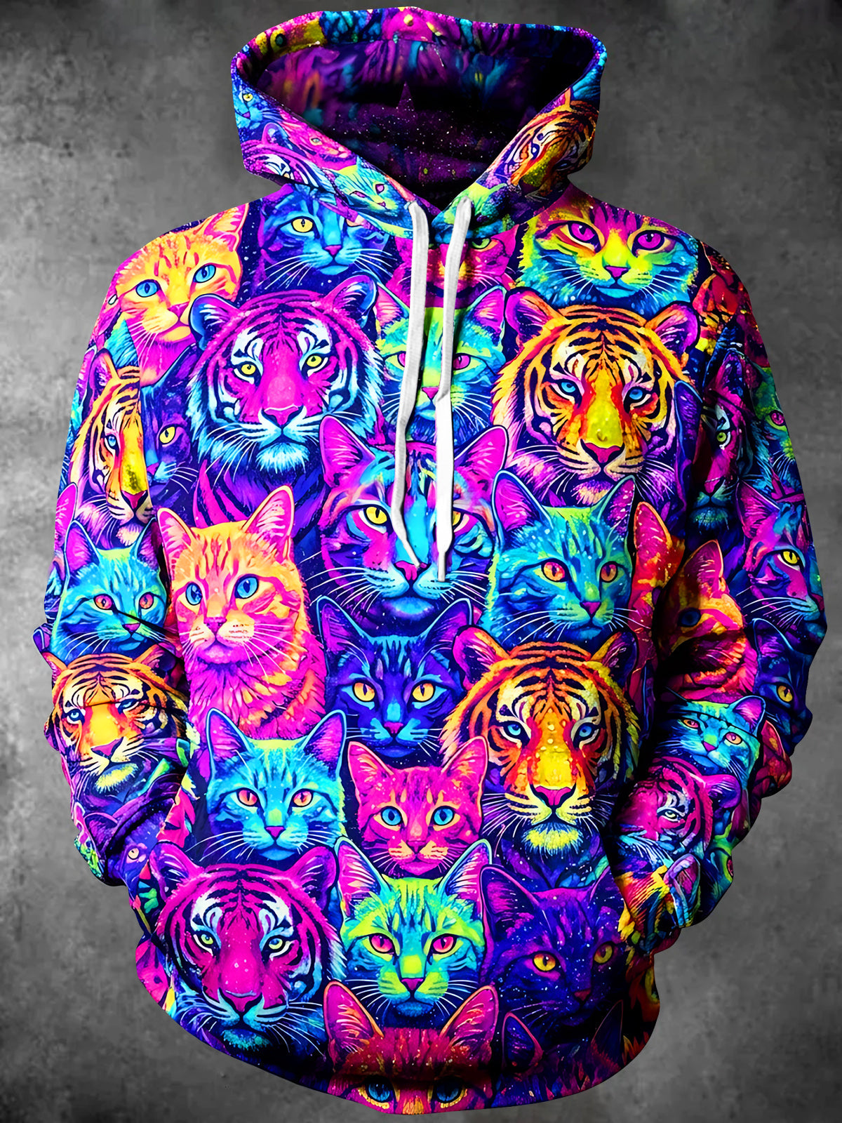 Oceanlyte Men's Graphic Colorful Cat And Tiger Faces Print Long Sleeve Hoodie