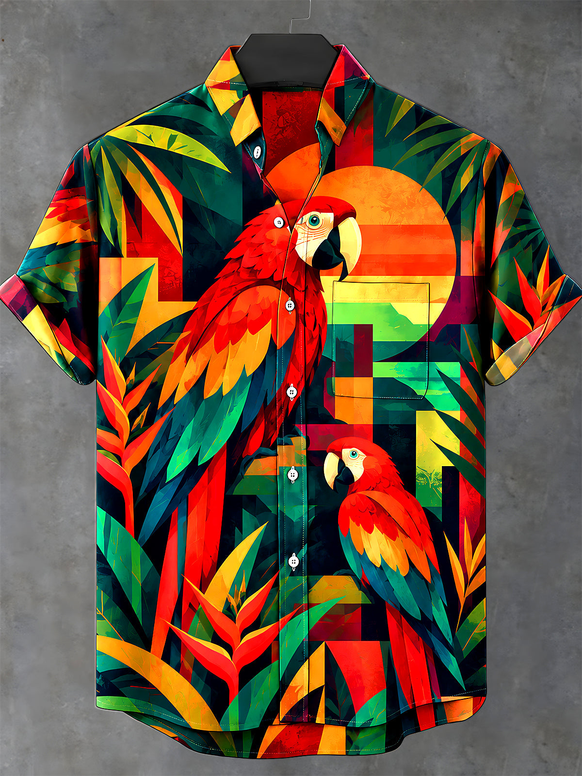 Oceanlyte Men's Hawaiian Parrots And Sunset Print Short Sleeve Shirt with Chest Pocket
