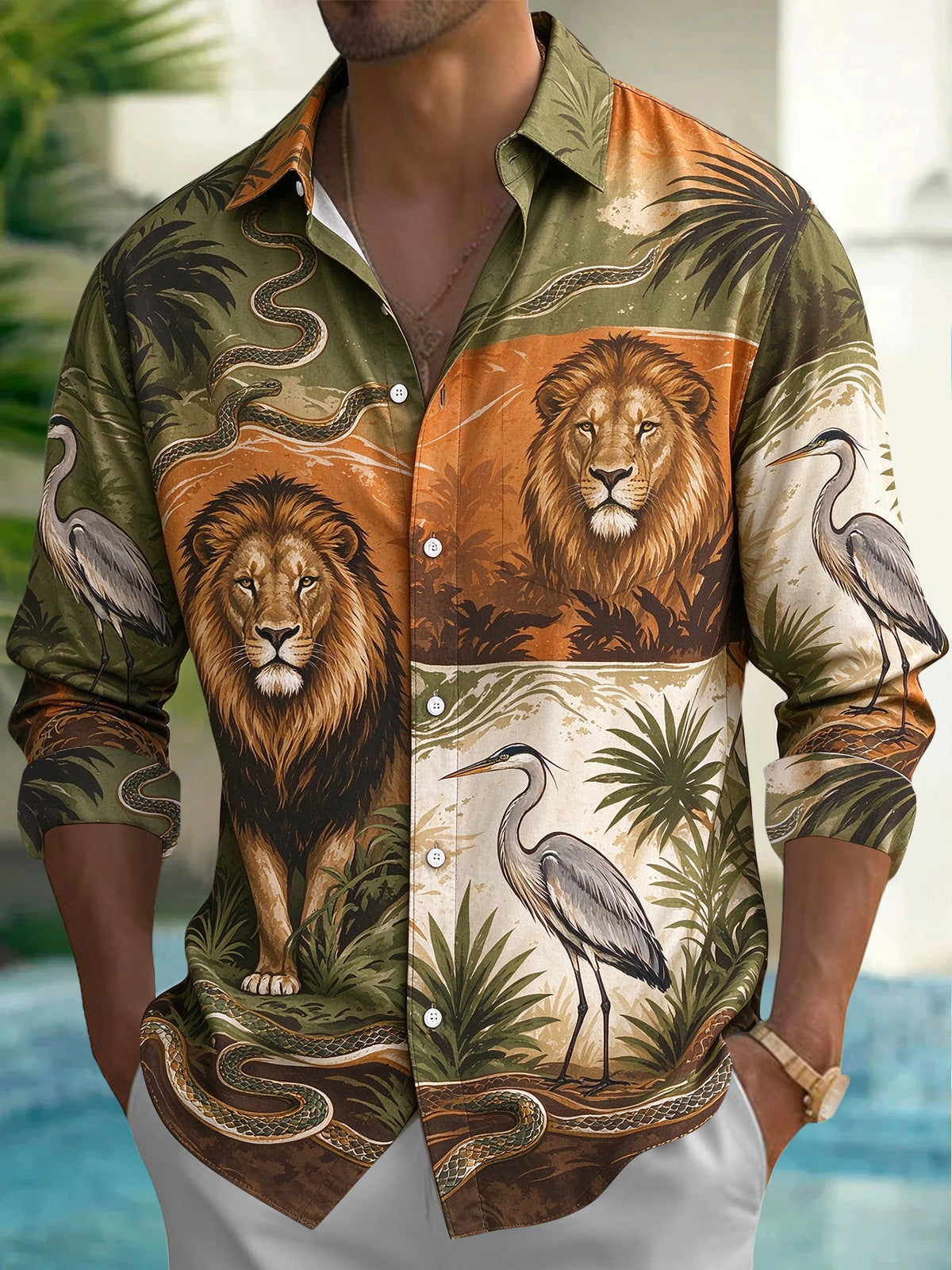 Oceanlyte Men's Hawaiian Lion And Heron Wildlife Print Long Sleeve Shirt with Chest Pocket