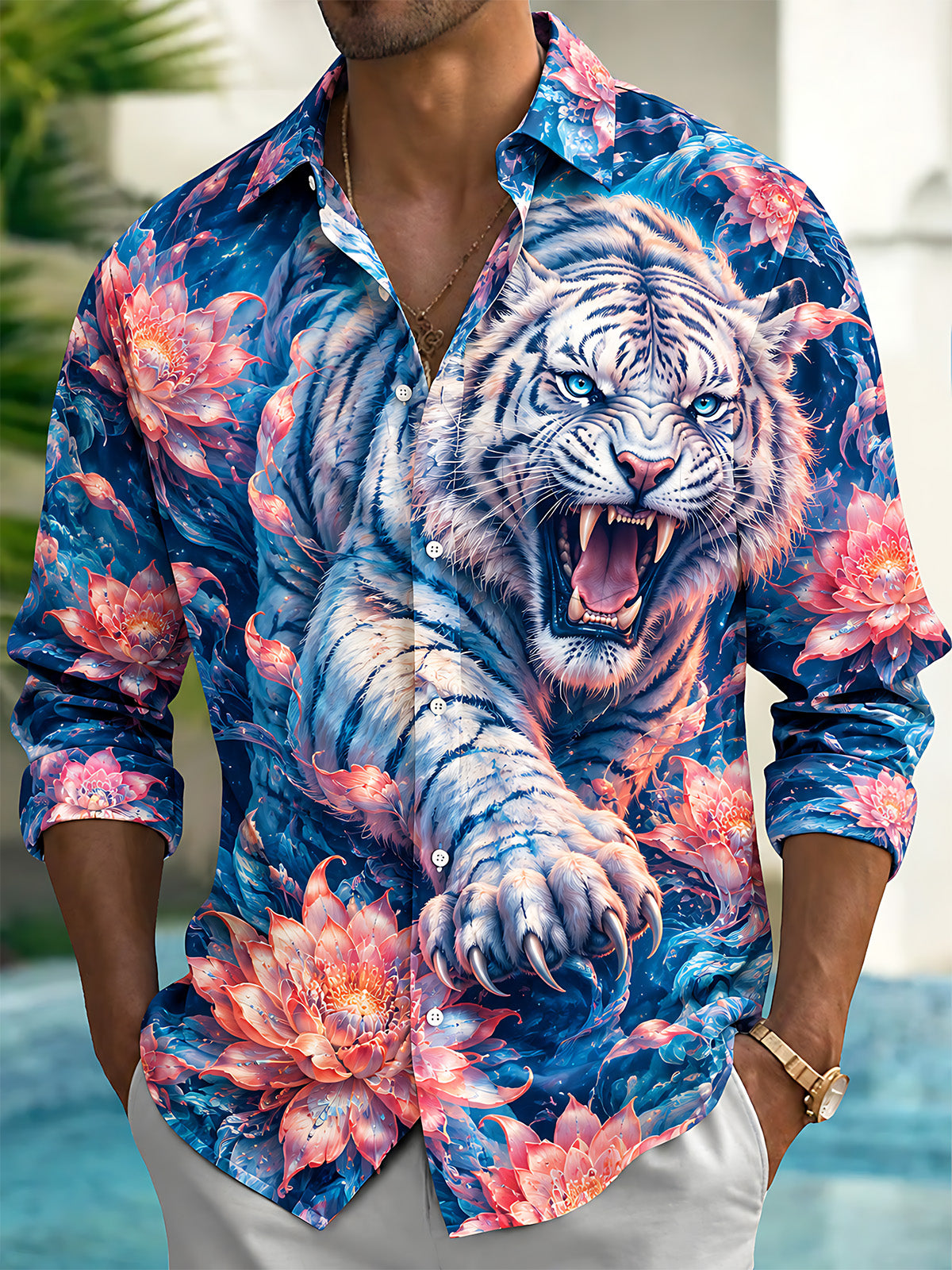 Oceanlyte Men's Hawaiian White Tiger And Floral Pattern Long Sleeve Shirt with Chest Pocket