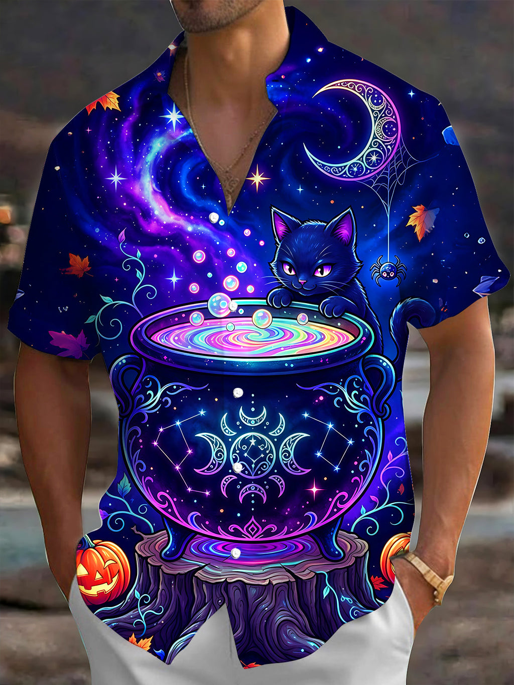 Oceanlyte Men's Short Sleeve Shirt - Halloween Black Cat And Cauldron With Stars Print with Chest Pocket