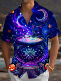 Oceanlyte Men's Short Sleeve Shirt - Halloween Black Cat And Cauldron With Stars Print with Chest Pocket
