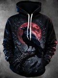 Oceanlyte Men's Long Sleeve Hoodie - Crow Perched On Branch With Red Moon And Rain Print