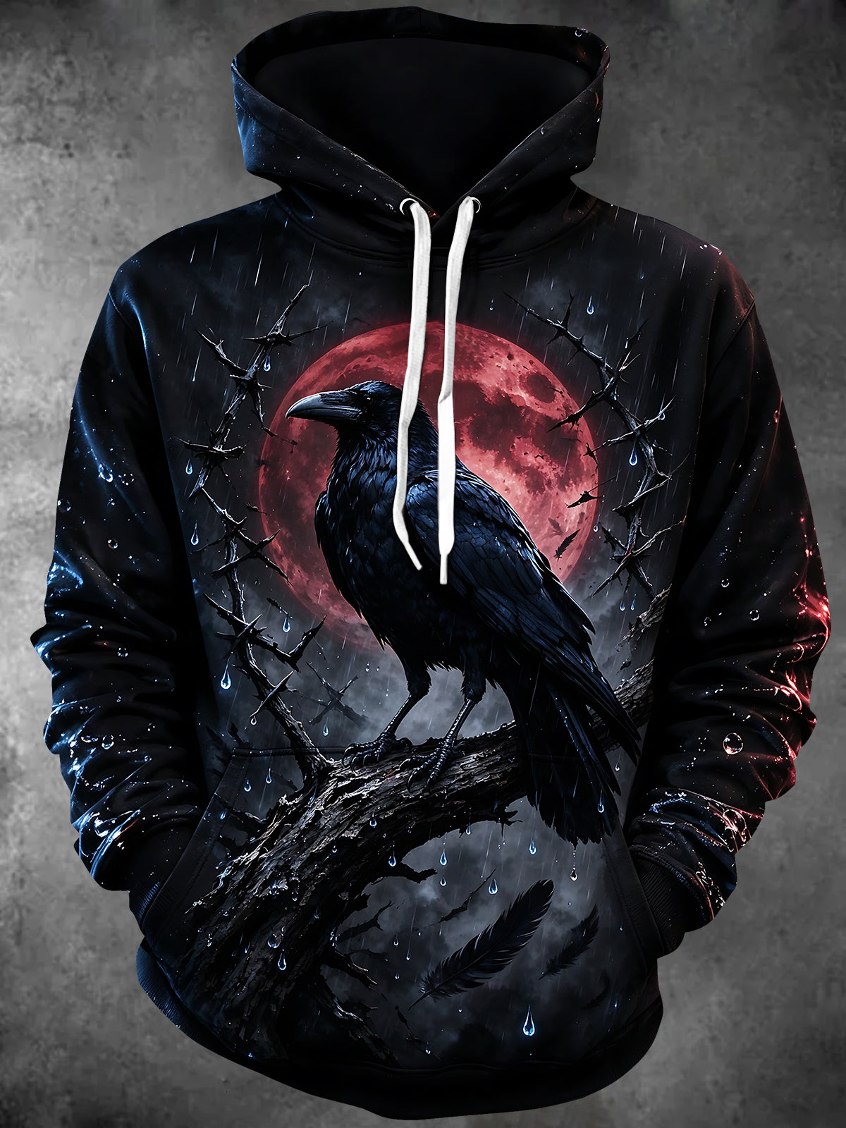 Oceanlyte Men's Long Sleeve Hoodie - Crow Perched On Branch With Red Moon And Rain Print
