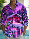 Oceanlyte Men's Long Sleeve Shirt - Christmas Covered Bridge And Winter Landscape Print with Chest Pocket