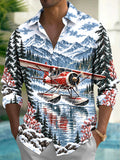 Oceanlyte Men's Graphic Vintage Snow Seaplane Print Long Sleeve Shirt with Chest Pocket