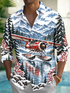 Oceanlyte Men's Graphic Vintage Snow Seaplane Print Long Sleeve Shirt with Chest Pocket