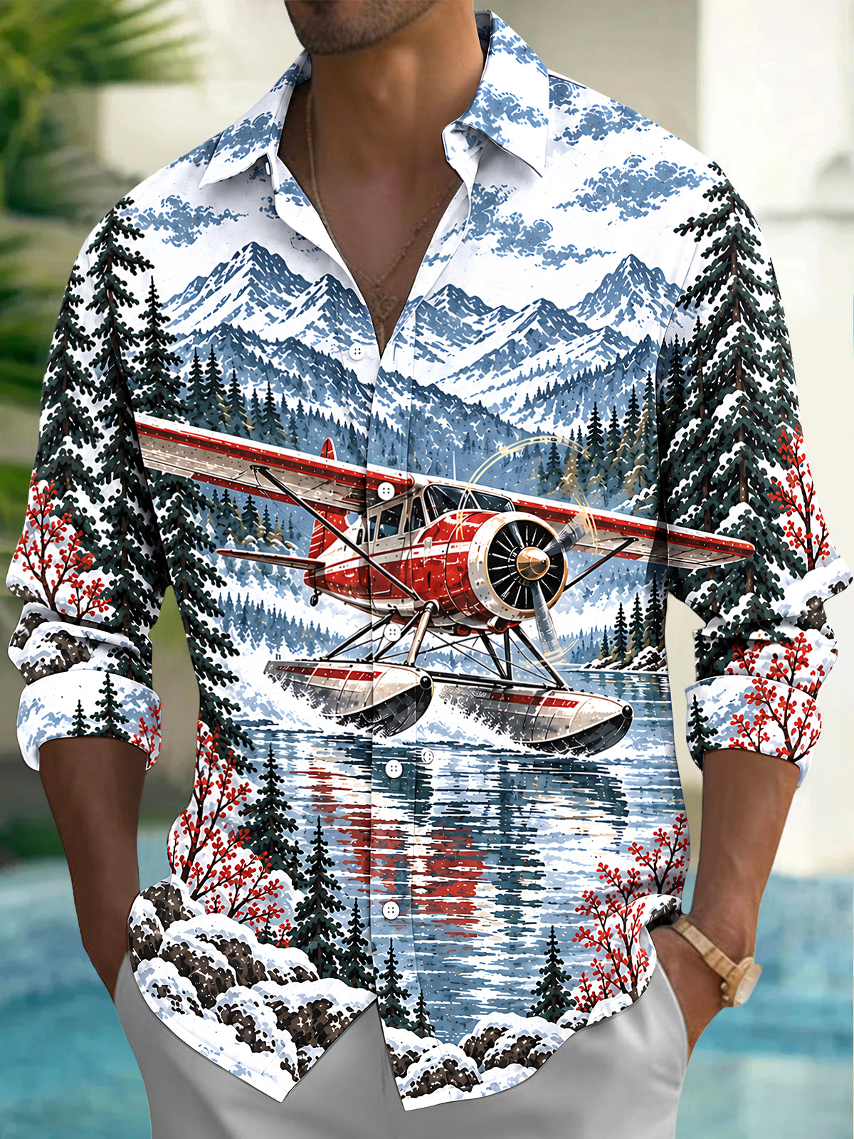 Oceanlyte Men's Graphic Vintage Snow Seaplane Print Long Sleeve Shirt with Chest Pocket