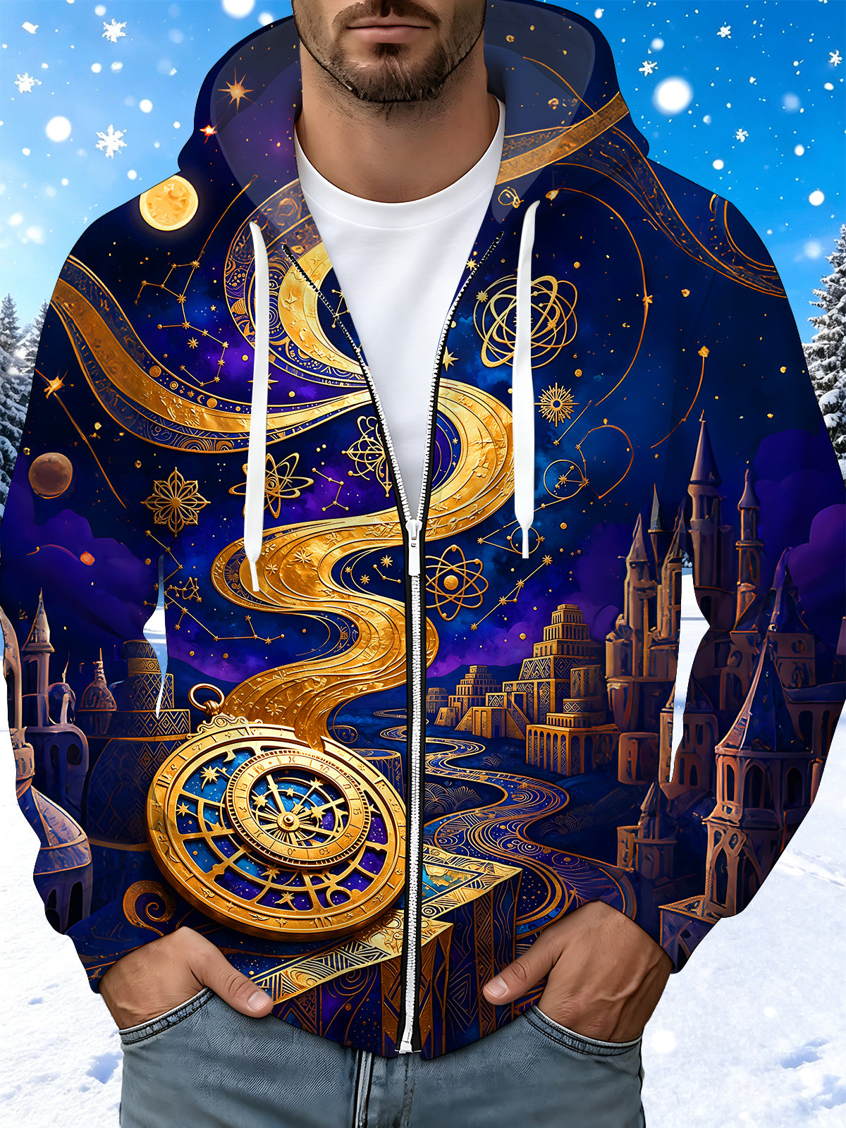 Oceanlyte Men's Astrolabe And Ancient City Print Long Sleeve Zip-Up Hoodie