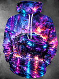 Oceanlyte Men's Long Sleeve Hoodie - Cyberpunk Armored Vehicle And Neon Cityscape Print