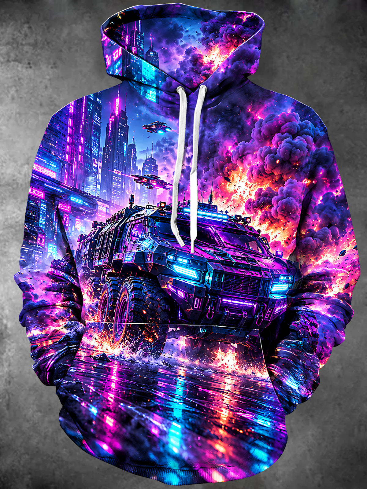 Oceanlyte Men's Long Sleeve Hoodie - Cyberpunk Armored Vehicle And Neon Cityscape Print