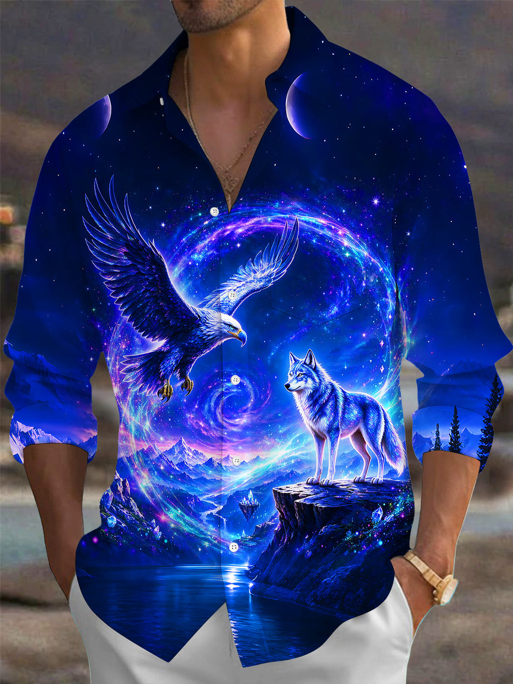 Oceanlyte Men's Graphic Eagle And Wolf In Cosmic Galaxy Print Long Sleeve Shirt with Chest Pocket