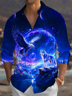 Oceanlyte Men's Graphic Eagle And Wolf In Cosmic Galaxy Print Long Sleeve Shirt with Chest Pocket