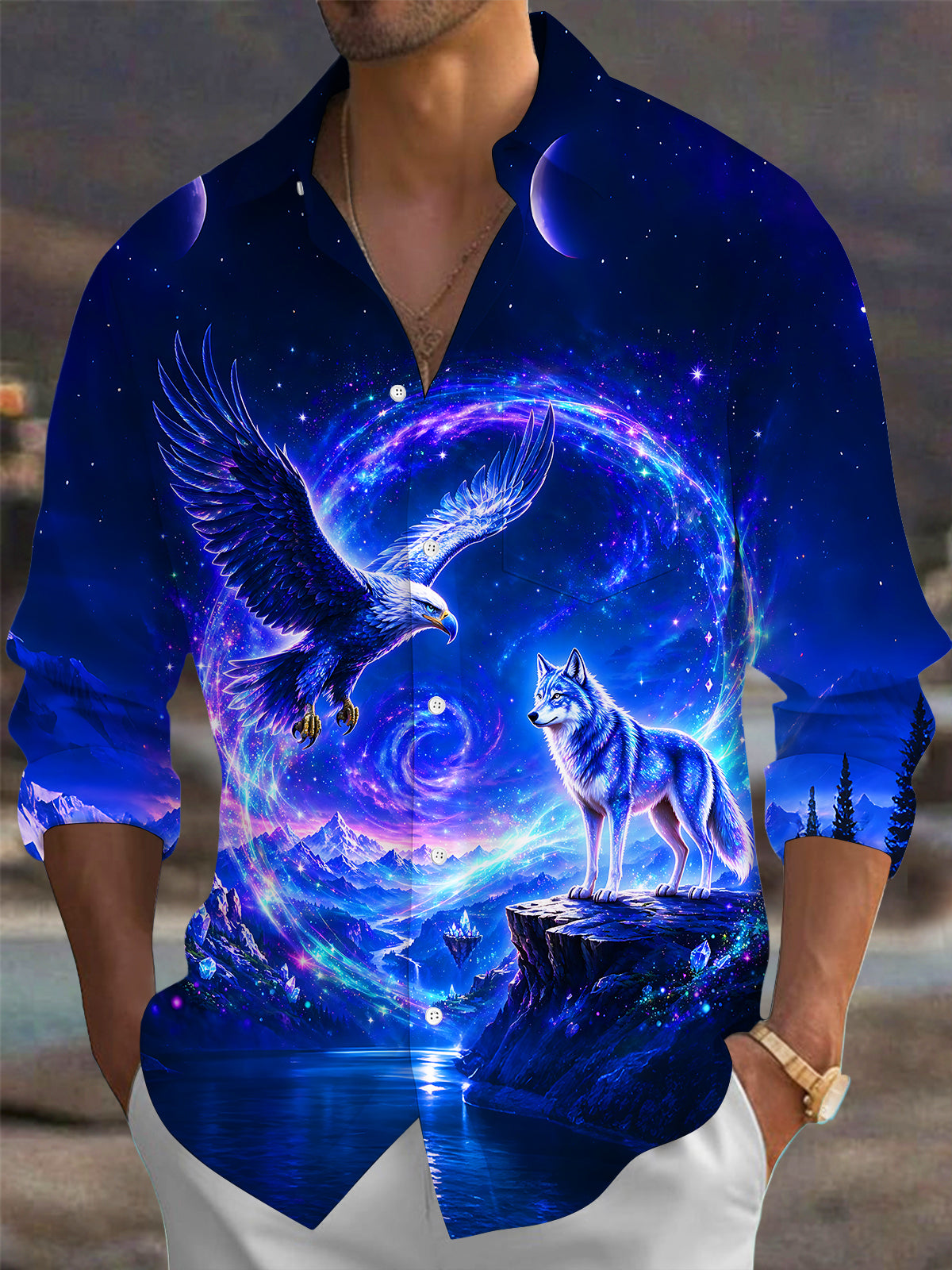 Oceanlyte Men's Graphic Eagle And Wolf In Cosmic Galaxy Print Long Sleeve Shirt with Chest Pocket