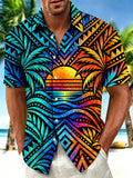 Oceanlyte Men's Geometric Sunset And Palm Trees Print Short Sleeve Shirt with Chest Pocket
