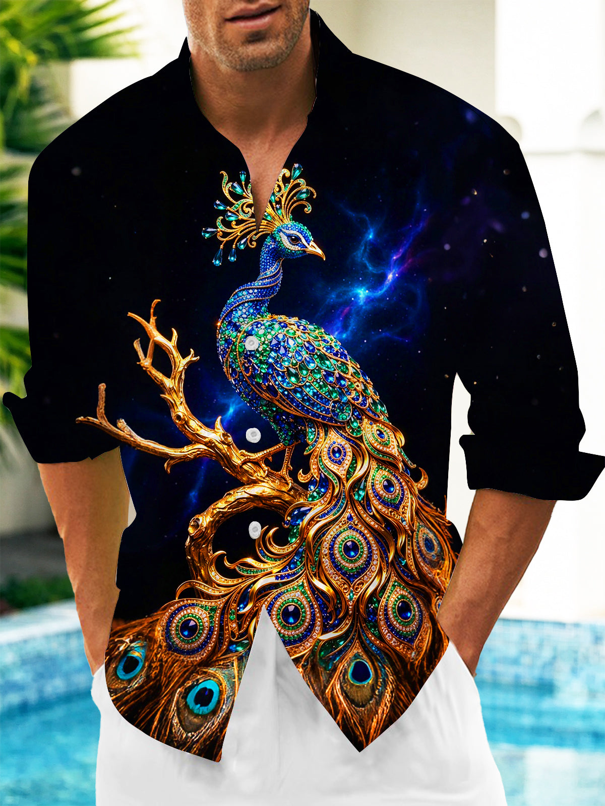 Oceanlyte Men's Graphic Art Gem Starry Peacock Print Long Sleeve Shirt with Chest Pocket