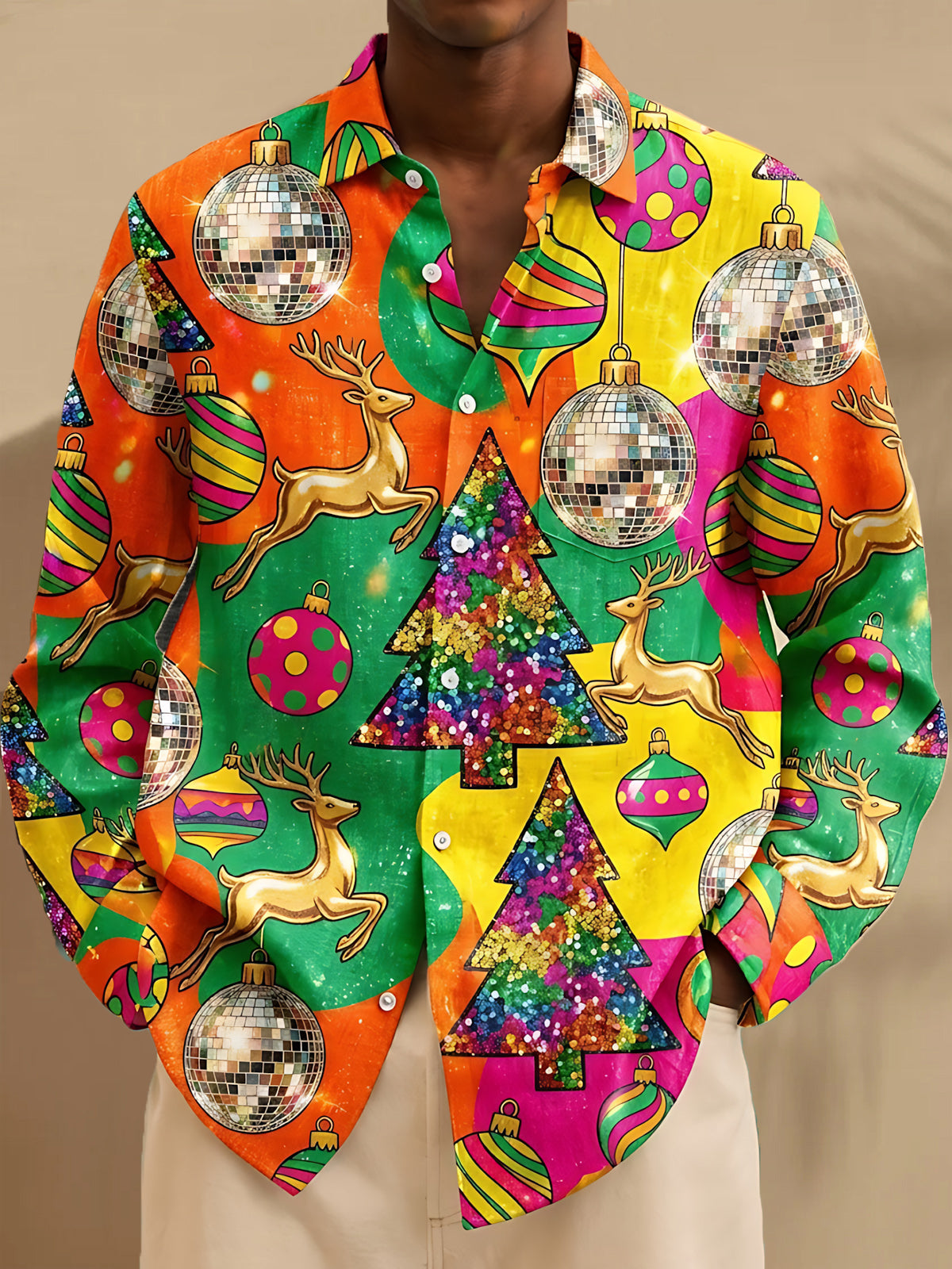 Oceanlyte Men's Christmas Reindeer And Disco Balls Print Long Sleeve Shirt with Chest Pocket