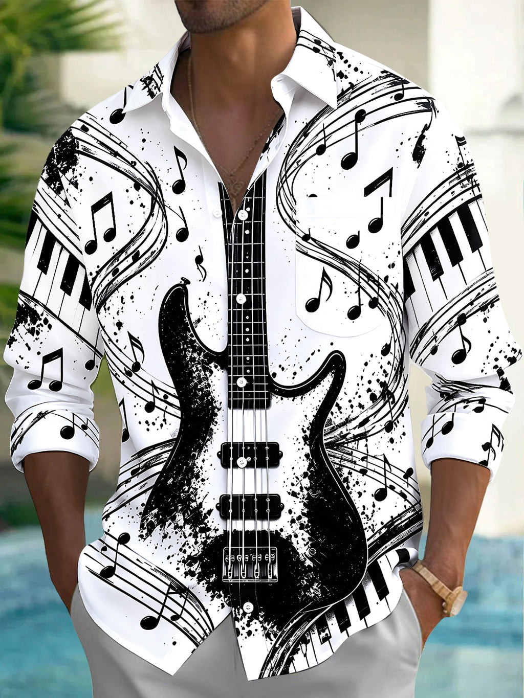 Oceanlyte Men's Long Sleeve Shirt - Electric Bass Guitar And Piano Keys With Musical Notes Print with Chest Pocket