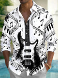 Oceanlyte Men's Long Sleeve Shirt - Electric Bass Guitar And Piano Keys With Musical Notes Print with Chest Pocket
