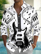 Oceanlyte Men's Long Sleeve Shirt - Electric Bass Guitar And Piano Keys With Musical Notes Print with Chest Pocket