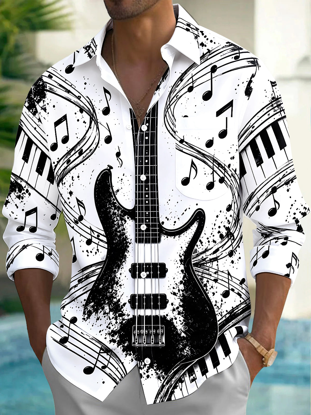 Oceanlyte Men's Long Sleeve Shirt - Electric Bass Guitar And Piano Keys With Musical Notes Print with Chest Pocket